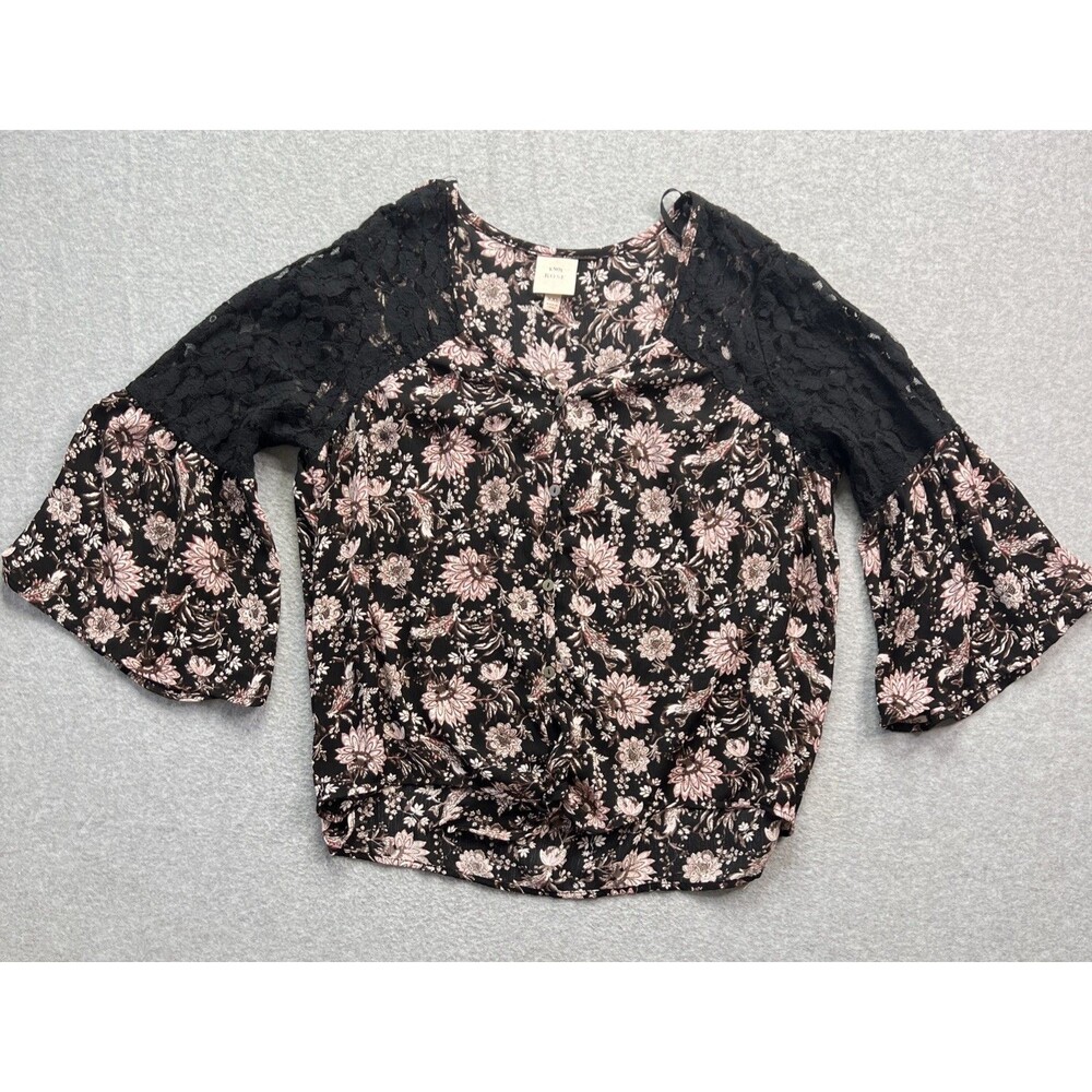 Knox Rose Top 2XL Black Floral Lace Shoulder Bell Sleeve Tie Front Boho Peasant